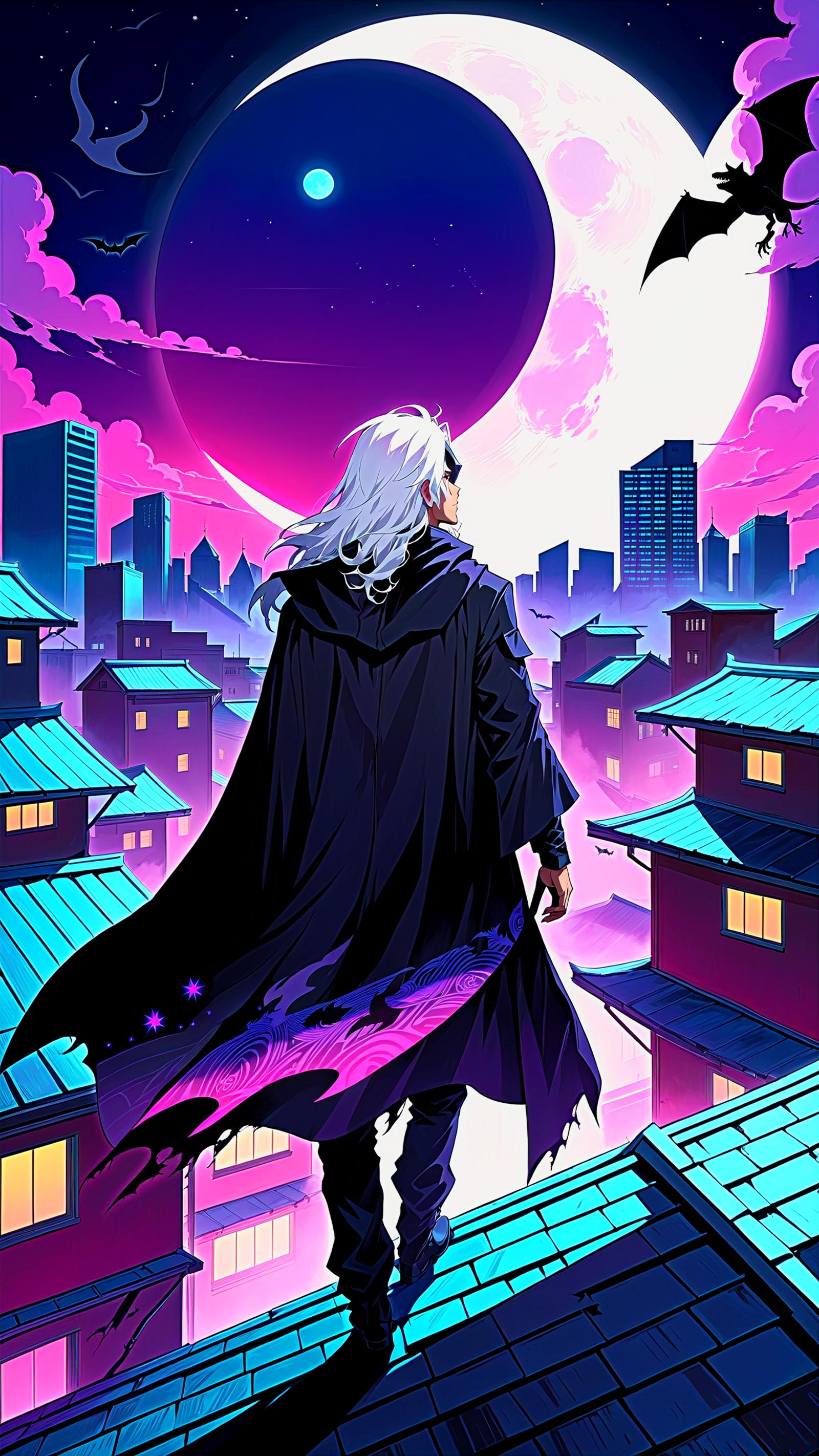 A man dressed in black with a sword standing on a rooftop.