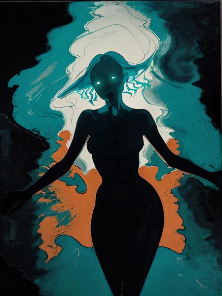 (symbolic abstracted rage:1.1), (a storm inside me, black silhouette:1.25), [stylized by johannes itten|(egon schiele:0.8)], expressionism art, hourglass figure welsh (galadriel:1.2), anime and 1980's, centered teal and turquoise background, at dusk, cinecolor, (dimmed colors:1.1), hdr <lora:picxer_real:0.5>