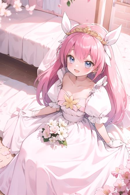 best quality, ultra-detailed, (1girl, solo, <lora:hanasaki-momoko_wedding-dress-form-v1:1>, hanasakimomoko-wd, pink hair, white wedding dress, puffy short sleeves), wedding hall