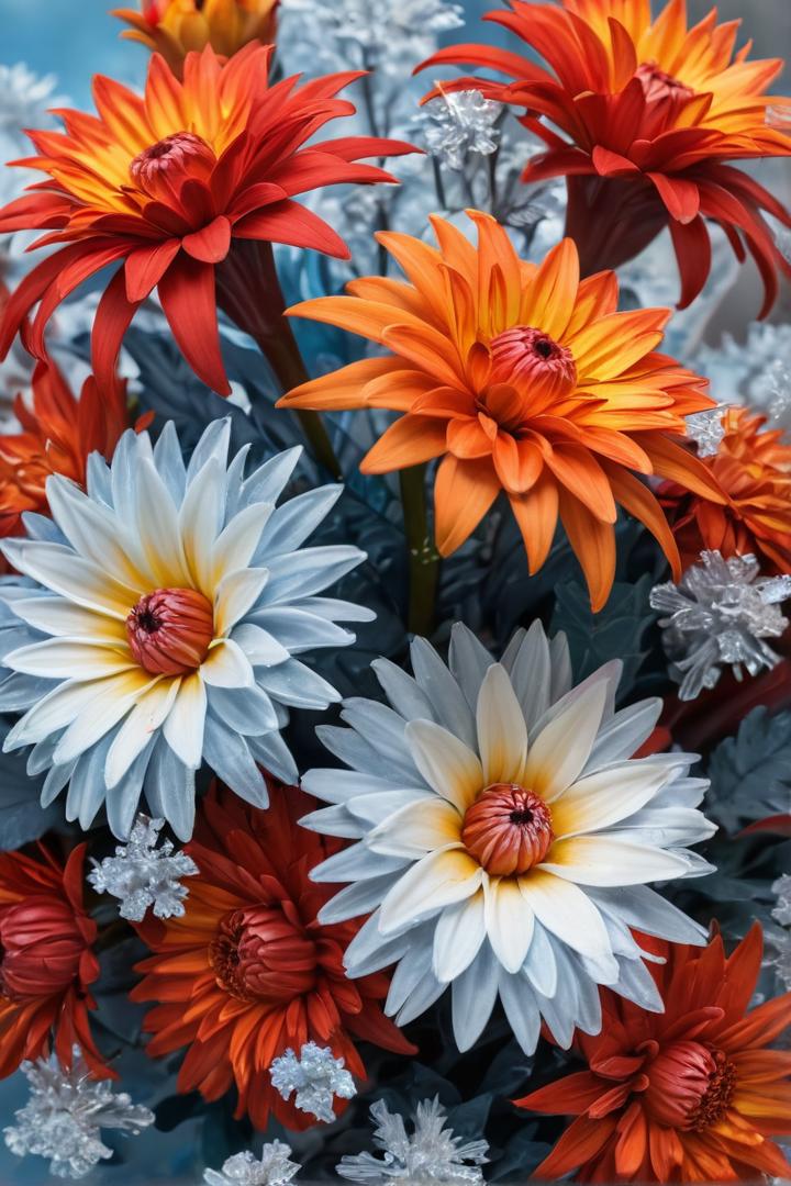 a flowers bouquet from ice and flames of fire, detailmaximizer