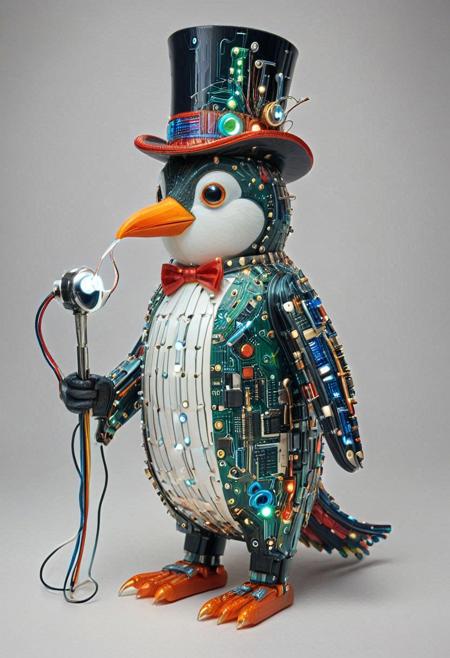 embedding:lazmpos, Transistors, pcb_style, LED, colorful LED lights, RGB lights, red green and blue penguin, art deco, top hat, cane, monocle,RetroBG