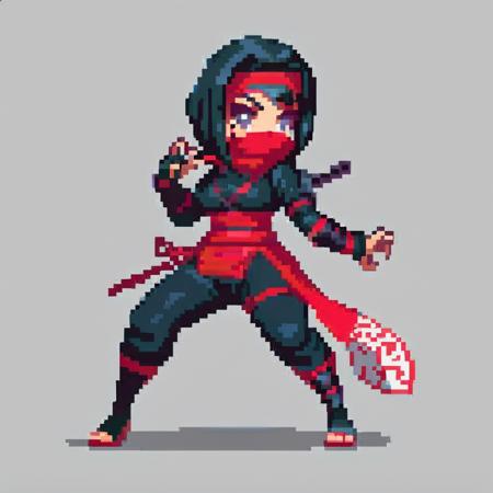 Create an image of a female ninja character, drawn in a cartoon video game style. She should have a fit and voluptuous figure, with agile and powerful posture. Her ninja outfit is both stylish and functional, featuring vibrant colors and intricate patterns that are typical of the cartoon game genre. Her expression is confident and mysterious, with a slight smirk suggesting cunning and intelligence. The background should be a dynamic scene, possibly a forest or a traditional Japanese village, to complement her ninja theme, <lora:pixelgirl:0.8>