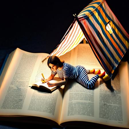 A detailed tiny miniature woman in a striped pajamas lying in between the pages of a giant tome held open by a giant pencil, so it resembles a tent. The woman are reading the tome using a flashlight. The background is dark suggesting that it is night and the only light is the flashlight held by the woman and the reflection of the light from the pages in the tome.