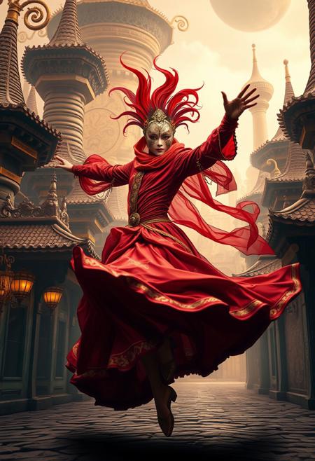 A masked dancer twirling through a city of spiraled rooftops and golden,  themes of knowledge and growth, captivating portal, mastery of texture and form, reds, mesmerizing realm, harmonious blend of styles, close-up, evocative atmosphere, atmospheric lighting, cobblestone streets