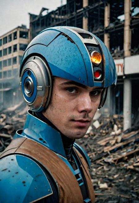 Portrait Photo of a fire megaman who is standing looking at how his city has been destroyed by a nuclear bomb. He has just arrived at the disaster and observes the horror of the destruction, ruined buildings full of smoke and flames, ground full of rubble with skeletons lying around In the dawn light floods the scene, the man is completely dressed in normal clothes and wet, he is dirty, everything is a disaster, the sky is cloudy and it is raining,(beautiful face:1.6), Fujifilm XT3,film still,film grain,cinematic,soldier accessories,war style, professional photo,best quality and best aesthetic,Award-winning artistic photos,Outdoors,public places,( detailed in background:1.6)Perfil,18-20 (dirty:1.8)