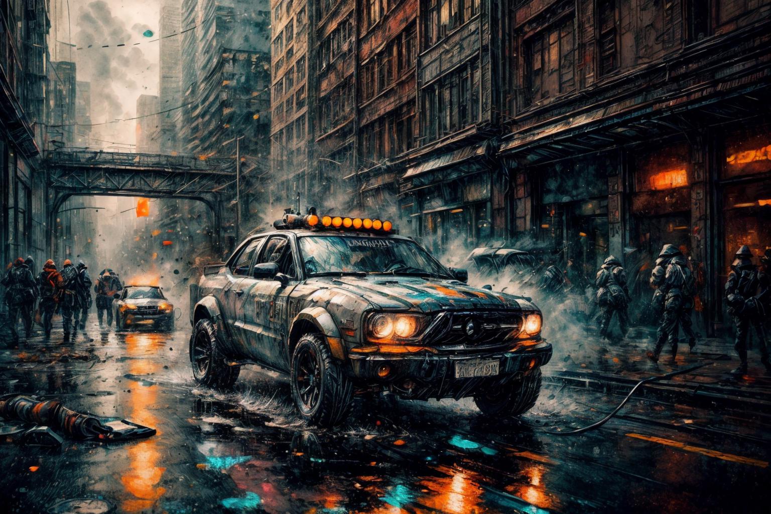 (RAW photo, 8k uhd, Analog style, Masterpiece, Best Quality, Highres:1.3), (dramatic, cinematic:1.2), BREAK,
movie shot of (ultra-detailed:1.1), (striped:1.3) (military:1.4) (cyberpunk:1.3) (battlecar:1.35) (armed with turret machine gun and grenade launchers:1.33) (rushing:1.3) through (cyberpunk city street:1.35), ((glossy:1.1) technological futuristic design:1.2), (drifting:1.3), (neon lights:1.1), (wet asphalt, reflections:1.2), (firing tires:1.35), (water splash, puddles:1.32), (debris:1.32), (steam:1.3), (frightened:1.1) (pedestrians:1.4), (bright day:1.15), (daytime:1.15) (cloudy sky, (rain:1.1):1.2), (skyscrapers:1.15), BREAK,
(photorealistic:1.2), (dutch angle:1.4), (light particles, colorful:1.2), (action movie scene, dynamic composition, fast, chasing:1.3), (motion blur, motion lines:1.3), (cyberpunk, science fiction, blockbuster, military vehicle, volumetric light:1.3), (daylight:1.2) (noir:0.5) (urban atmosphere, vehicle focus, cinematic tone, toxic, glowing, intricate, electricity, purple orange green color scheme, graffiti, (dust:1.1), no humans:1.2), BREAK,
<lora:more_details:1.0>,
<lora:zoom_slider_v1:2.0>