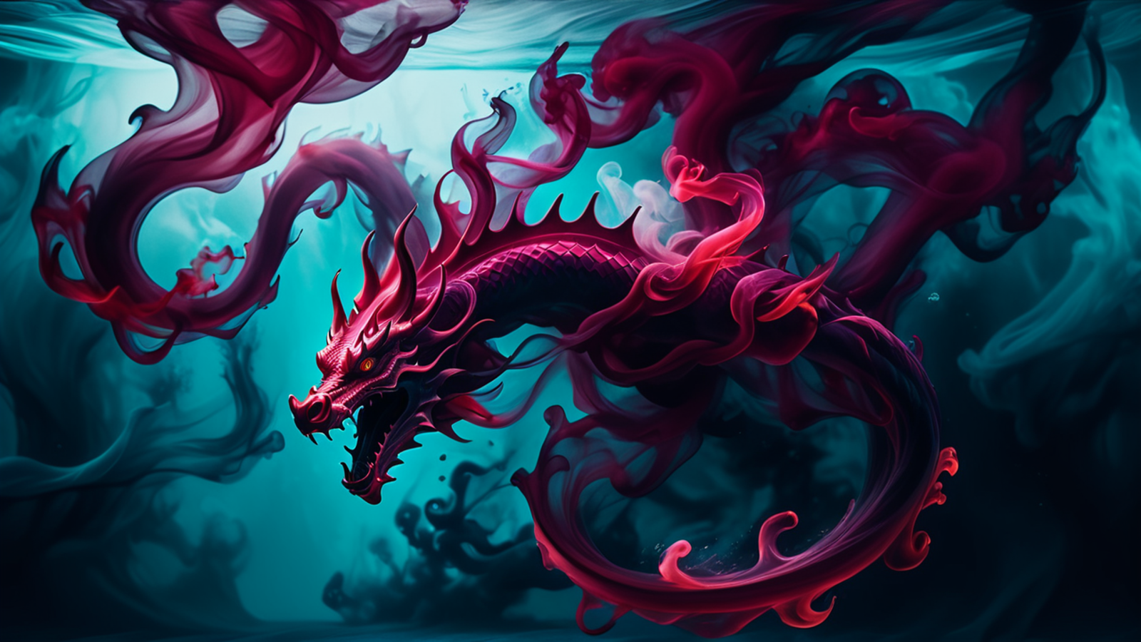 photograph, cinematic color grading, <lora:EnvyInkSwirlXL01:1>dragon made of glowing deep crimson swirling smoke, underwat...