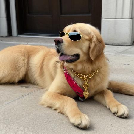 A golden retriever with gold chains and aviator sunglasses, rubbing his paws