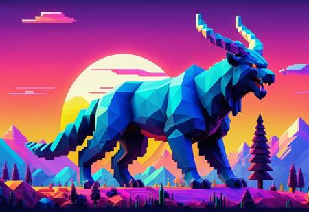 Low-poly art. Medium shot. The ultimate daemon, a powerful digital creature, standing calmly in a pixelated landscape with mountains, trees, and a bright sky. Medium shot. Low-poly art style with 8-bit details. Glowing neon trails beneath the creature's feet. Cubic, blocky mountains and trees in the background. Vibrant gradient colors in the sky. Colorful 8-bit pixel art lighting. Keywords: 8-bit aesthetic, digital creatures, low-poly models, pixel art landscapes, futuristic designs, blocky textures, vibrant colors, neon effects, retro digital style, fantasy creatures, scenic vistas.