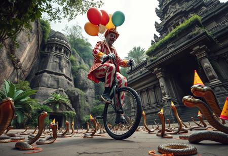 high quality, detailed, beautiful, masterpiece, correct anatomy, anatomically correct, detailed, realistic, masterpiece, complex shadows, intricate details, high quality, hi res, best quality, a clown is riding a unicycle, the unicycle the clown is riding has lama balloons tied to it, there are thumbtacks on the ground, there are many cobra snakes on the ground, the cobra snakes are wearing party hats, the clown is trying to avoid the thumbtacks, the clown is making balloon animals, the clown is nervous, scared, sweating heavily, low angle, looking up, view from bellow, jungle, temple, granite wall, vines, vivid colours,