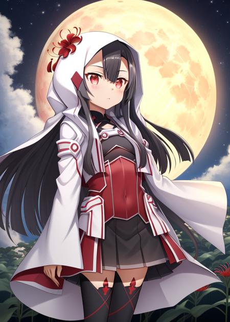 <lora:Koori_Chikage-10:1>,Koori_Chikage, 1girl, solo, long hair, black hair, red eyes, very long hair,flower,thighhighs,flower,White pleated skirt,White japanese clothes, black thighhighs, wide sleeves,hood, night, moon, red flower, cloak,spider lily,full moon,sky,cloud,