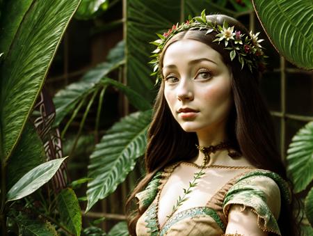 photography, concept art, digital artwork, intricate detail, masterpiece, cinematic real life photo,nbc, Art Nouveau painting of a female botanist surrounded by exotic plants in a greenhouse <lora:nbxmas-08:1>, cinestill 50d, 35mm photograph, film, professional, 8k, highly detailed