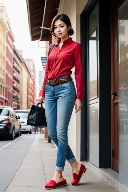 1 woman, detailed, realistic, standing, full body shot, scenic view, noon
<lora:Shirt Pants by Stable Yogi:0.5>red shirt, long sleeves, pants belt, bag, slippers