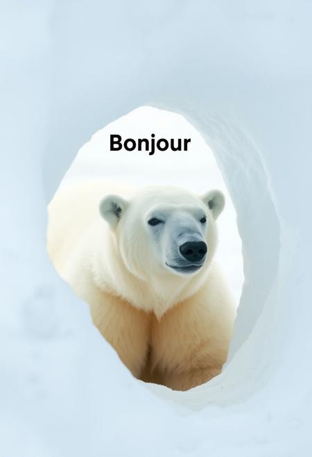 Polar bear in a snow cavern, Shy polar bear. The polar bear is barely visible, only his head are patially out of the snow cavern. The polar bear is saying "Bonjour".