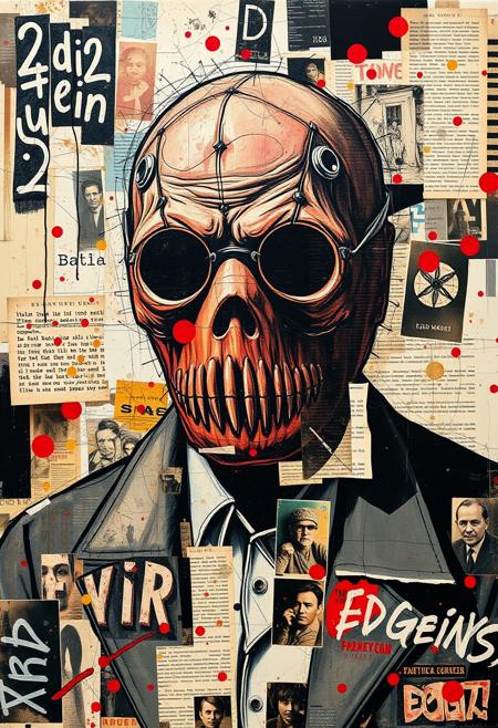 Outsider art. A surreal and deconstructed mixed-media collage in the style of Jacques Prévert with an urgent sense of chaos and energy. An analogue collage artwork blending fragmented styles, layers and textures. 
A Jean-Michel Basquiat street art illustration of Ed Gein wearing a leatherface skin mask.
Layered over this obscuring the image are multiple fragmented and overlapping layers of chaotic thick paint, splatters of paint, palette knife oil paint, handwritten scrawled text messages, torn photographs and broken distorted vintage photographs filling the canvas. 
Layers sections of repetitive brightly coloured dots in Yayoi Kusama style. Fragmented scribbles and abstract graffiti images in Jean-Michel Basquiat style over the top. This hides sections of the image below. Outlines are roughly redrawn in black ink and thick oil paint. The overall effect is manic and anarchic with an urgent sense of energy.