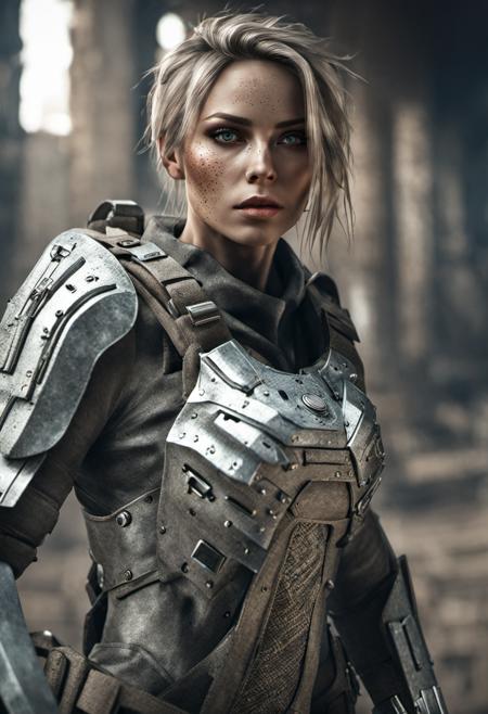 a   woman solider wearing silver technological armour  beautiful face, fit body, sword in hand  walking in a  deserted ruin in a apocalyptic wasteland, full of radiation , dust, surrounded by dark monsters will glowing eyes, dramatic lighting, masterpiece, 8k, highly detailed, ultra realistic, dramatic composition, foreboding, dark