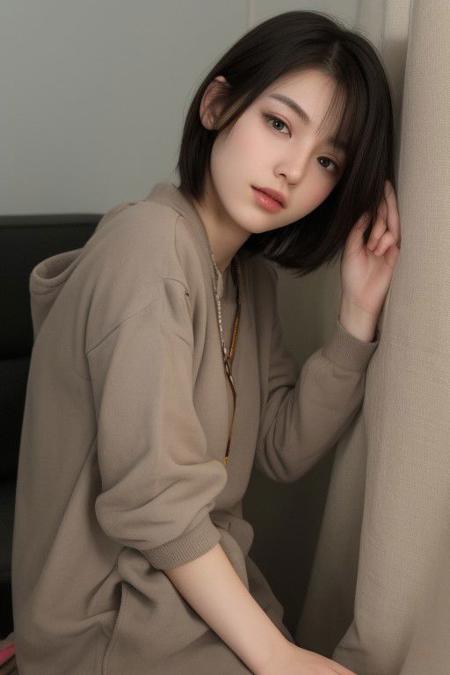 29 yo girl, Korean beauty, short hair, brunette, close-up, girl next door, baggy clothes, night, interior,