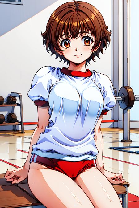 1girl, fuzisaki_mika, brown eyes, short hair, gym uniform, red buruma, <lora:fuzisaki_mika_lora_ver1:0.7>
cowboy shot, (school gym:1.4), smile, sitting, best quality, masterpiece, highres, <lora:GoodHands-vanilla:1>