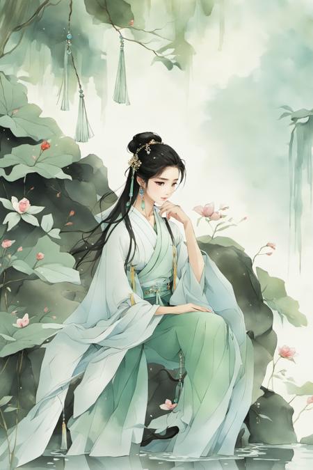 <lora:henv:0.9>,mn,1girl,solo,long hair,sitting,hair ornament,jewelry,flower,earrings,black hair,water,hanfu,chinese clothes,hair bun,sash,dress,long sleeves,tassel,rock,bug,