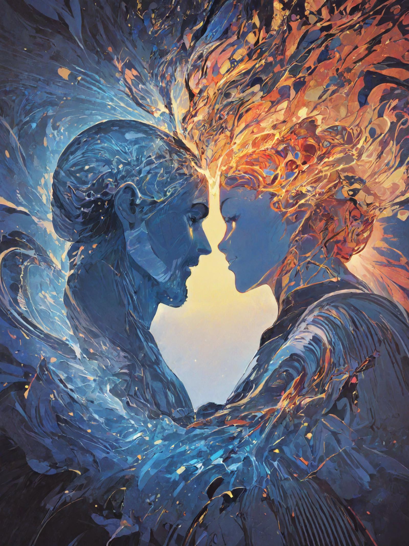A painting of a man and a woman with their foreheads touching, surrounded by swirling blue and orange colors.