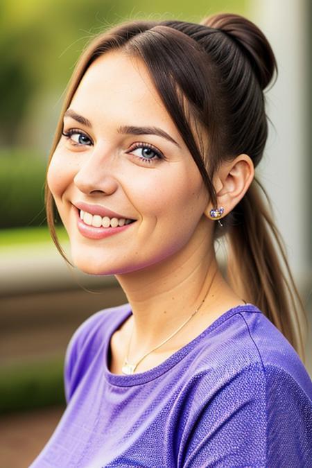 Stunning beautiful 25 year old girl, violet ponytail hair, blue eyes, happy smile, portrait