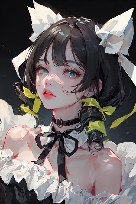 masterpiece, intricate detail,best quality,  <lora:BM94199:0.8>1girl, solo, choker, drill hair, black hair, bangs, green eyes, looking to the side, ribbon, twin drills, black ribbon, black choker, looking away, portrait, ribbon choker, parted lips, lips, grey background, short hair, blunt bangs, sketch, twintails, upper body, bare shoulders, neck ribbon