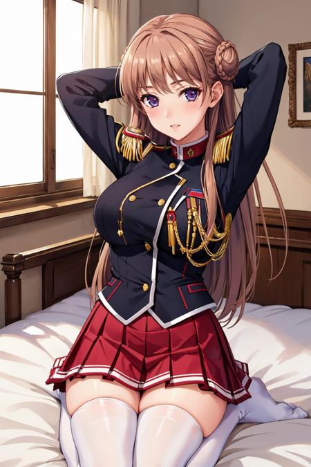 masterpiece, best quality, <lora:nmascot-nvwls-v1-000008:0.8> nmascot, epaulettes, uniform, pleated skirt, thighhighs, large breasts, seiza, bedroom, bed, looking at viewer, arms behind head, blushing