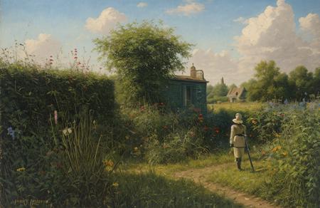 (Vincent Di Fate:0.5), a painting,scene painting,scenery, stand ,hedgerow,garden ,