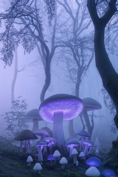 misty enchanted forest, glowing mushrooms scattered on the forest floor, ancient trees with twisting branches, soft blue and purple lighting, gentle fog rays through trees, fantasy magical vibe, high detail forest floor