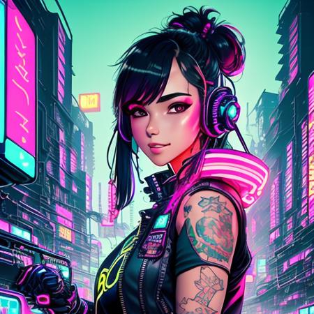 a detailed drawing of a girl, anime line art, masterpiece, neon city, Futuristic Clothes