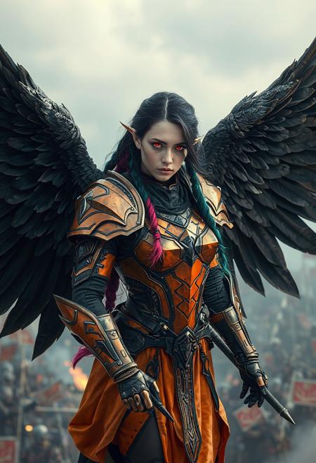 27 yr old Hungarian woman in ceramic orange power armor, , majestic black feathered angel wings, solo, shoulder armor, glowing red eyes, pauldrons,  long magenta and teal braided hair, looking at viewer, grimdark, flying over a battlefield