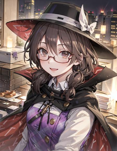 best quality, ultra high res, 1girl, jk, <lora:sumireko:1>, usami sumireko, (fedora), plaid vest, low twintails, black hair, short har, (red-rimmed glasses:1.2), cape, upper body, detailed face, looking at viewer, smile, night sky, flying, floating, cityscape,