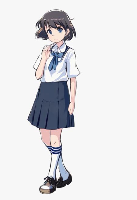 masterpiece,chiaroscuro, high quality,intristic,detailed,flat chest, small breasts,1girl,very short dark hair, straight hair, blue eyes,,dutch angle,
five fingers,school uniform,white socks,skirt, simple background, full body, standing, skindentation,aogami
<lora:aogami_v23:1>