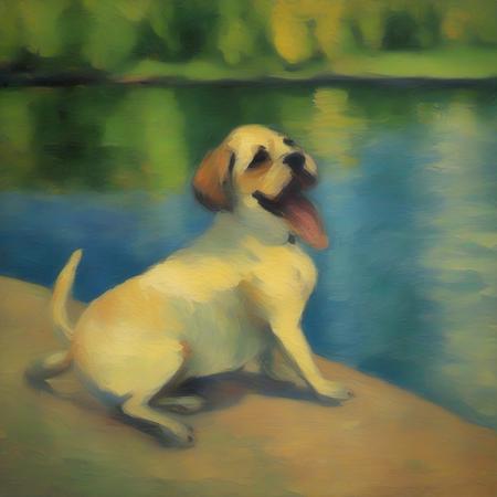 an impressionist painting of a dog by a lake in the style of Cezanne <lora:impressionism:1>