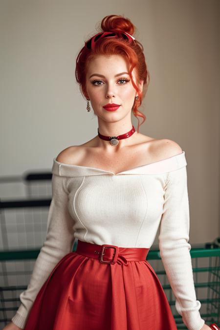 photo of diorab:0.99, a woman, ((hair up, fancy updo, hair in bun, red hair, fifties hair, fancy hair, 50s pinup hair))((cowboy shot, waist, hips, thighs):1.1), ((shopping, market, shopping cart):1.3),((lipstick, eyeliner, eye shadow)), ((classy clothing, turtleneck sweater dress, fifties dress, 50s pinup dress, fully clothed)) ((choker)), ((best quality, masterpiece, extreme details):1.2), ((beautiful eyes, detailed eyes, detailed face, beautiful face):1.2), straight-on,upper body,looking at viewer, smiling