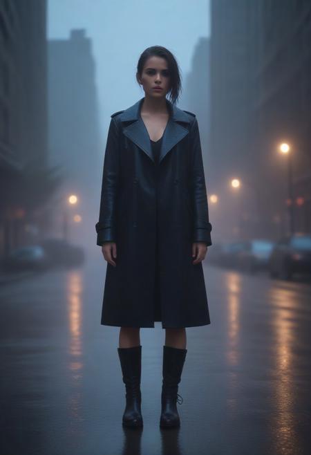 Ultra-detailed, cinematic mood: a young woman stands alone on a rain-slicked urban street, her glossy black leather coat gleaming under the soft glow of flickering streetlights. Droplets cascade down the smooth, tailored surface, reflecting hues of neon blue and violet from the surrounding cityscape. Her posture is poised yet relaxed, the coat’s high collar framing her face—sharp cheekbones dewy with rain, piercing eyes catching the light, strands of wet hair clinging to her skin. The rain falls in a steady, gentle rhythm, pooling in shallow ripples around her boots, while faint steam rises from the warm asphalt. In the background, a futuristic skyline looms—towering structures shrouded in mist, their edges softened by the downpour. Moody tones, dynamic reflections, and a sense of quiet strength infuse the scene