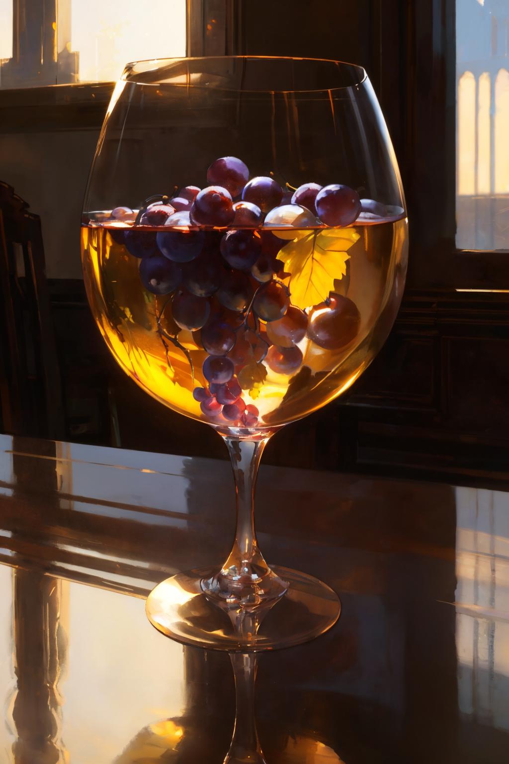 oil painting of glass of wine, translucent grapes closeup, reflections, glass refraction, art by anders zorn, wonderful masterpiece by greg rutkowski, beautiful cinematic light, american romanticism by greg manchess, reflections in copper, sunlight, dust and steam