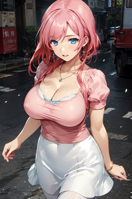 ShioriArima, 1girl, solo, long hair, blue eyes, white skirt, pink shirt, large breasts, cleavage, jewelry, pink hair, short sleeves, white pantyhose, red hair, necklace, 