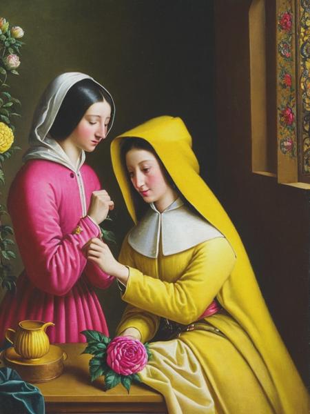 an old oil painting 14th century style transforming the flower into a very little pink peony and dyeing the woman's clothes in an yellow coat with a yellow hood on the woman's head