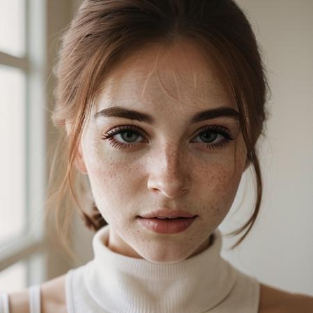 <lora:danielleboker_sd15_512_128_64_v1:1> 1girl solo looking at viewer  wearing a turtleneck sweater  epiCRealism
