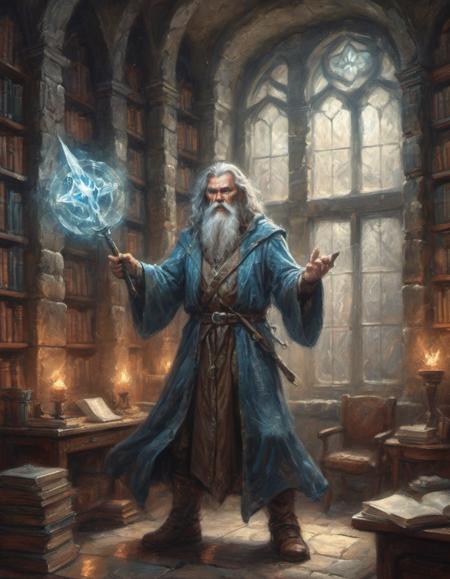 a fantasy warrior wizard holding a crystal-topped staff and sword glowing magical energies dramatic pose standing in his lofty study with stone walls and tall bookcases and frosted glass windows