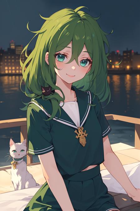 (masterpiece, best quality, high detailed, 8k uhd:1.2), <lora:YssringV1-08:0.8>, yssring gkn, 1girl, solo, slender,(medium breasts), (smile:1.2), (green hair, cat hair ornament), (serafuku, minikirt:1.4), (green shirt, green skirt:1.2), (upper body, looking at viewer:1.2), city, outdoors, rain