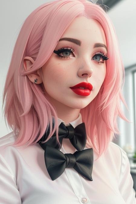 photo of a woman, ,noemielili:0.99, ((bowtie, white shirt):1.2), ((closeup, portrait):1.2),((indoors, office):1.1),((red lipstick,eyeliner, eye shadow, blush):1.2), ((best quality, masterpiece, extreme details, high resolution):1.2),((detailed eyes, beautiful eyes, detailed face, beautiful face):1.2)