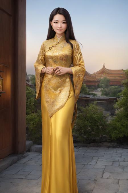 Masterpiece, highest quality, 8k, hdr, (head to toe:1.4), RAW digital establishing shot of a young chinese woman standing proudly, well-endowed, stunning body and face, smiling mysteriously at viewer, expensive traditional clothes, hair adornments, discrete jewelry, imperial city, intricate details, at dusk, lighting from lanterns and sunset coming from outside the frame, realistic lighting, dynamic colors from lighting, hyperrealistic