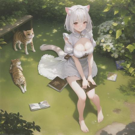 (best quality),(highly detailed),(masterpiece),(ultra-detailed),(absurdres),(((artbook))),((8k_wallpaper)),big ass,Bare thigh,huge_breasts,barefoot, 1girl, solo, animal ears, cat, barefoot,cat ears, short sleeves, grass, short hair, smile, white hair, puffy sleeves, white dress, maid, sunlight, brown eyes, dappled sunlight,petite, outdoors, puffy short sleeves, bangs, full body, tearfully, crying, cats, white underwear