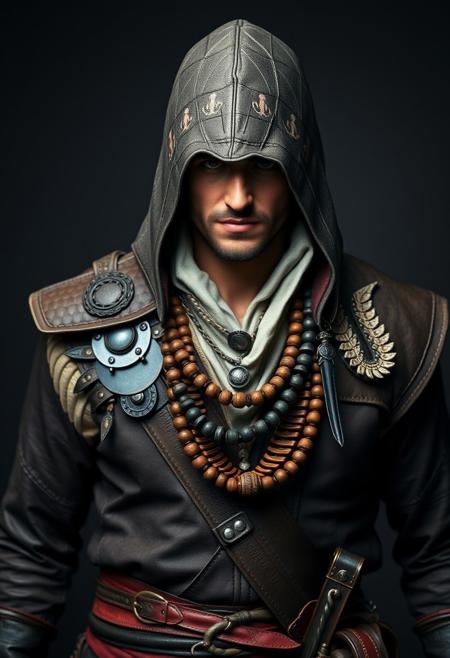 Assassin's Creed Character, pirate costume, leather armour, tribal necklaces,  masterful studio photography
