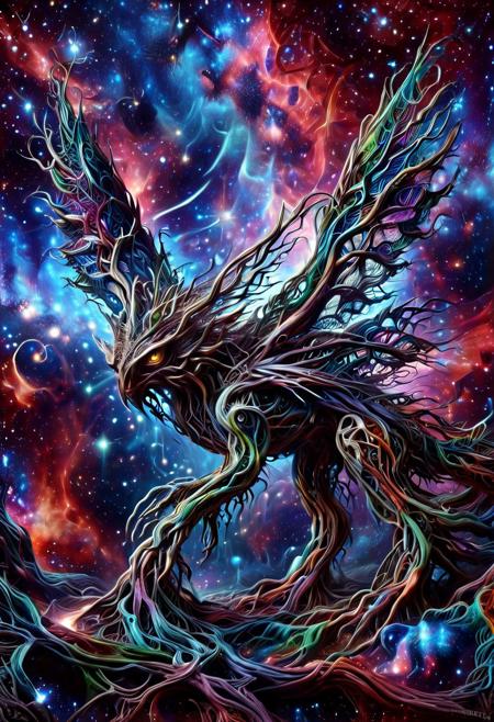 Ever Growing Connections, vibrant colors, vivid colors, creature made out of morph-treeroots, luminescent, large eyes, sharp teeth, wings, dramatic, galaxy fantasy colors, Masterpiece, best quality, amazing quality, volumetric lighting, SFW, exquisite detail, digital art, highly detailed, beautiful, surreal,