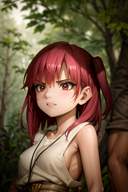 masterpiece, best quality, 1girl, closeup of morgiana, dress, red eyes, one side up, red hair, angry, forest background  <lora:Morgiana:1> <lora:as109:0.8>