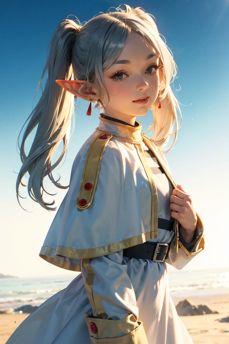 Anime-style girl with white hair, blue eyes, and a white and gold dress stands at the beach on a sunny day.