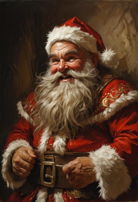 Laughing fantasy dwarf in Santa Claus costume, masterful painting in the style of Anders Zorn | Marco Mazzoni | Yuri Ivanovich, Todd McFarlane, oil on canvas